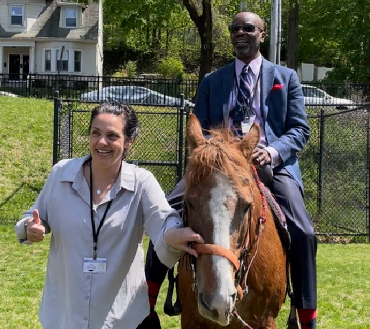 Principal Kelly Assistant Principal Anderson unnamed horse pose for a picture