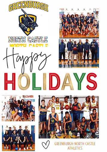 picture of a holiday card. it says: "happy holidays," and has images of several athletic teams. school logo.