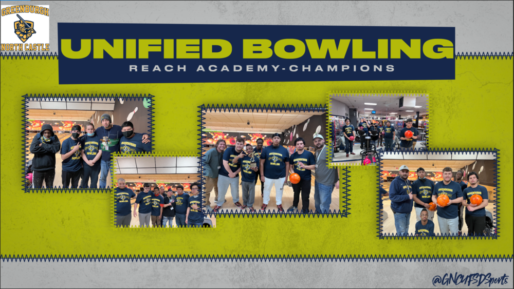 unified bowling poster - reach academy champions. pictures of students and staff holding bowling balls