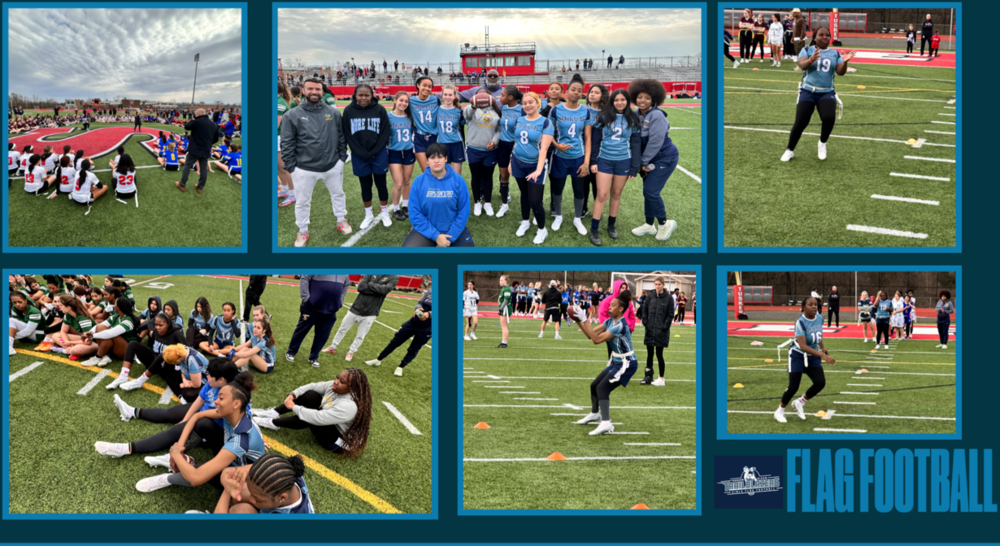images of flag football players + coaches in action and in group poses